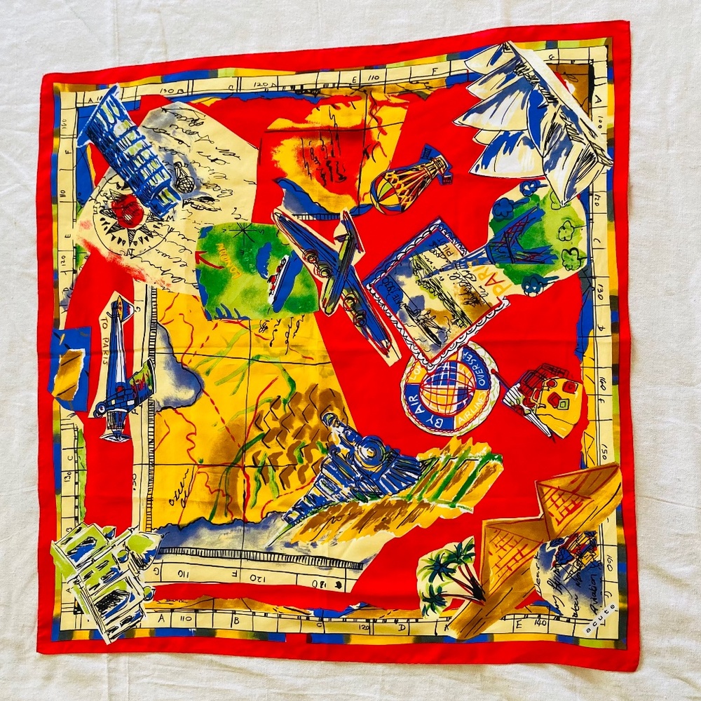 Vintage Red Yellow Adventure World Scarf Travel Train Egypt Italy Taj Mahal 30”